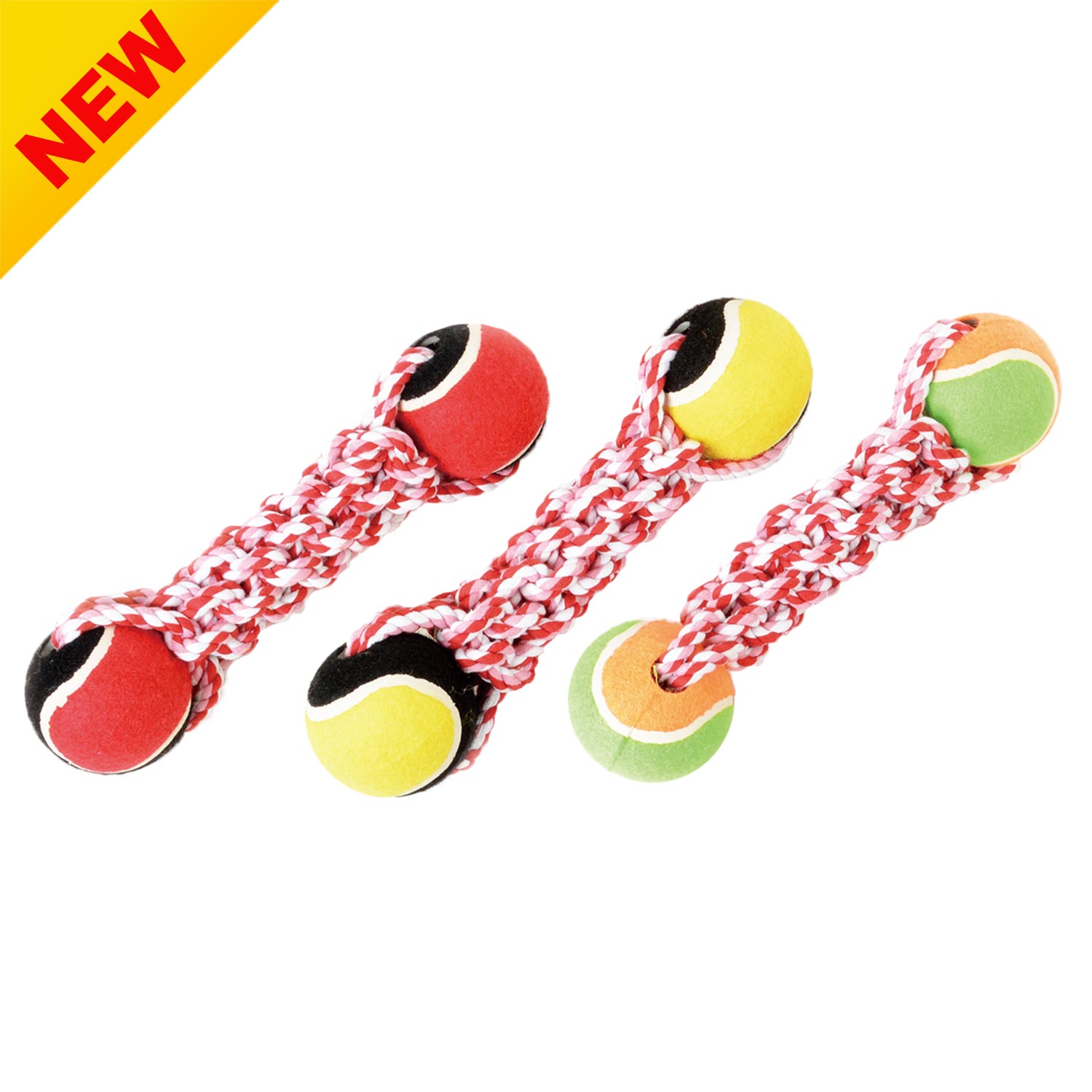 Cotton Rope Tug Fetch Braided Bone Dog Toy with Tennis Balls